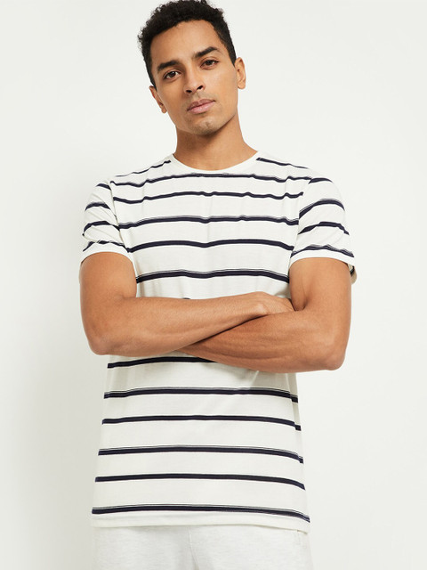 

max Men Cream-Coloured & Navy Blue Striped T-shirt