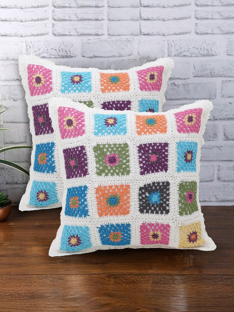 

Mezposh White & Orange Set of 2 Geometric Square Cushion Covers