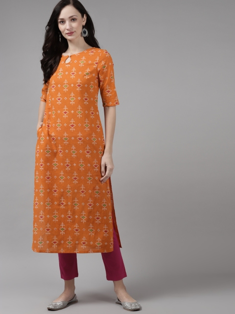 

Amirah s Women Orange Ethnic Motifs Printed Regular Pure Cotton Kurta with Trousers