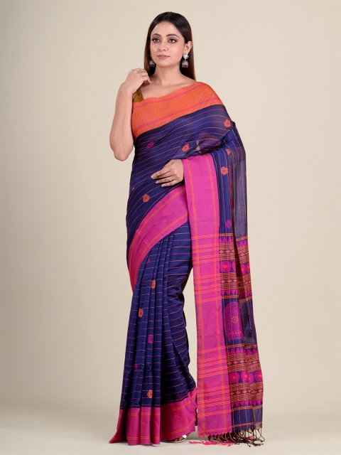 

Mitera Women Navy Blue & Pink Woven Striped Pure Cotton Saree