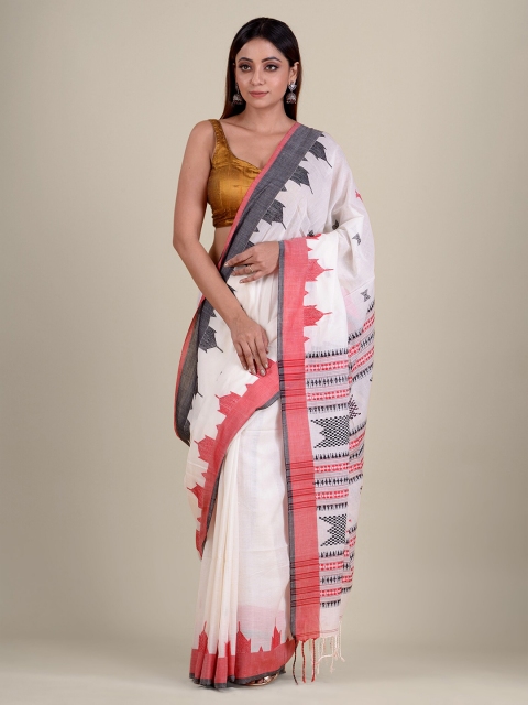 

Mitera Off White & Red Woven Design Pure Cotton Saree