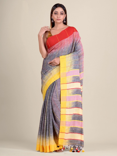 

Mitera Grey & Yellow Hand Woven Striped Pure Cotton Saree