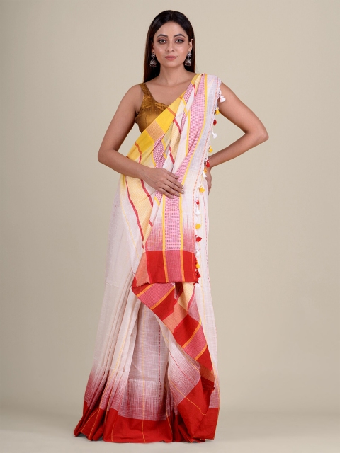 

Mitera Off White & Red Striped Pure Cotton Saree
