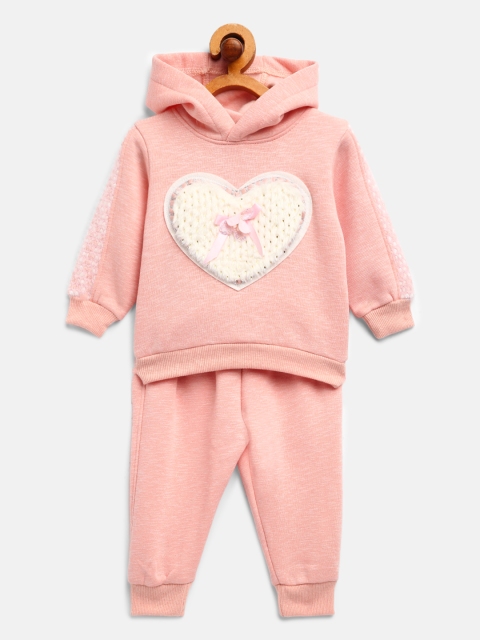 

White Snow Infant Girls Peach-Coloured Heart Applique Fleece Lined Sweatshirt with Joggers