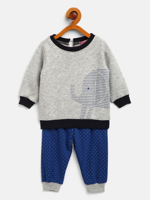 

White Snow Unisex Kids Grey Melange & Blue Printed Sweatshirt with Joggers