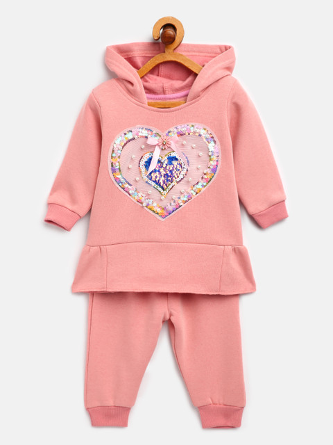 

White Snow Infant Girls Peach-Coloured Embellished Hooded Sweatshirt with Joggers