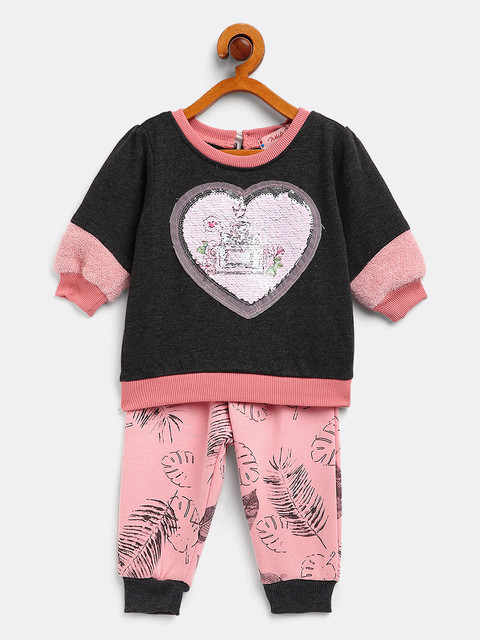 

White Snow Infant Girls Charcoal Grey & Pink Flip Sequinned Sweatshirt & Printed Joggers