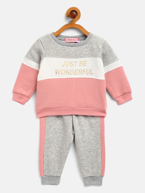 

White Snow Infant Girls Peach-Coloured & White Colourblocked Sweatshirt with Joggers