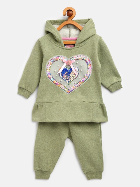 

White Snow Infant Girls Green & Pink Embellished Applique Hooded Sweatshirt with Joggers