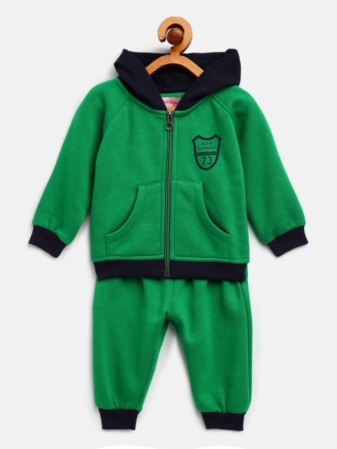 

White Snow Unisex Kids Green & Navy Blue Solid Hooded T-shirt with Trousers