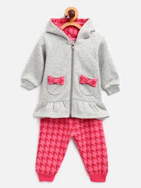 

White Snow Infant Girls Grey Melange & Pink Solid Sweatshirt & Houndstooth Print Joggers