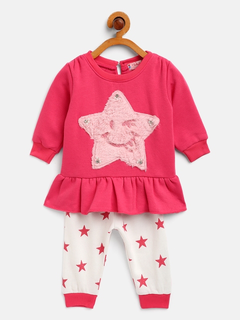 

White Snow Infant Girls Pink & White Faux Fur Applique Top with Star Print Joggers