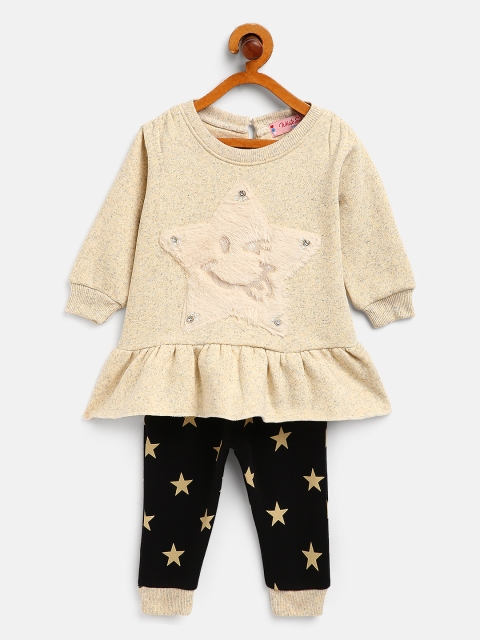 

White Snow Infant Girls Girls Cream-Coloured & Black Star Ptterned Tunic with Joggers