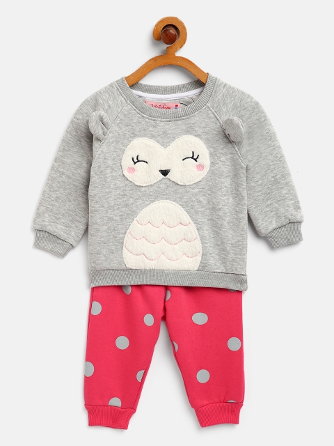 

White Snow Infant Girls Grey melange & Pink Fuzzy Sweatshirt with Joggers