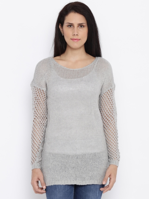 

ONLY Women Grey Self-Design T-Shirt