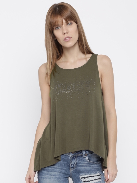 

ONLY Women Olive Green Beaded Overlapping T-Shirt