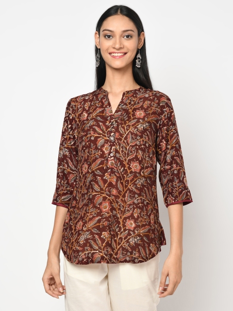 

Fabindia Maroon & Mustard Yellow Kalamkari Print Mandarin Collar Regular Top