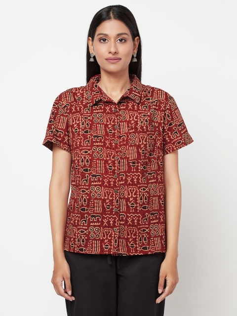 

Fabindia Women Maroon & Black Cotton Opaque Hand Block Printed Casual Shirt