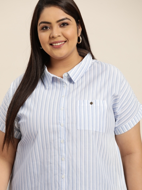 

Sztori Plus Size Women White & Blue Pure Cotton Striped Casual Shirt