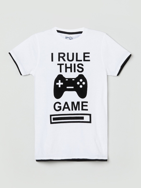 

max Boys White and Black Typography Printed T-shirt