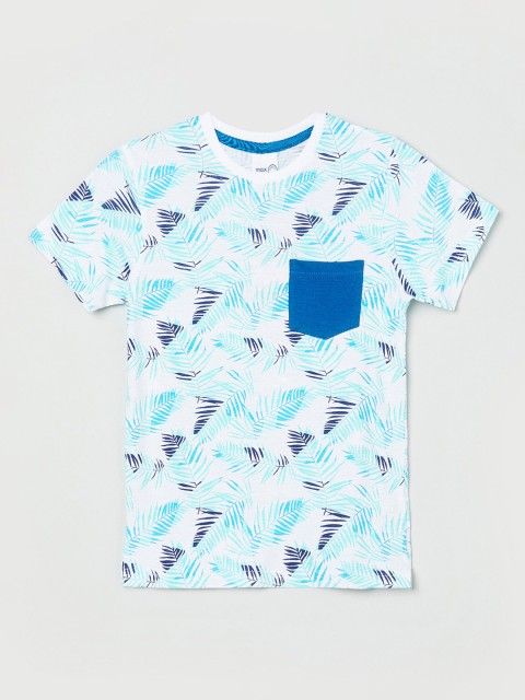 

max Boys White White Floral Printed Tropical Pockets Pure Cotton T-shirt