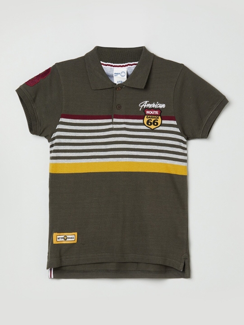 

max Boys Green Striped Polo Collar Applique Pure Cotton T-shirt