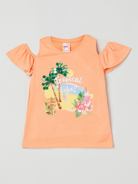 

max Girls Orange Printed Puff Sleeves Tropical Cotton Pure Cotton T-shirt