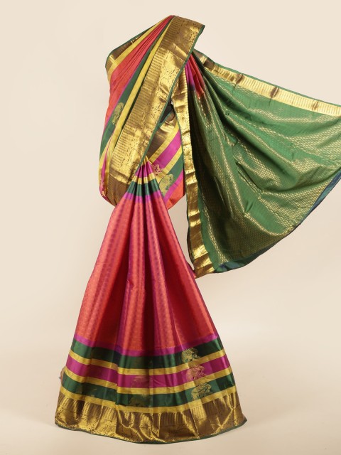 

Pothys Pink & Green Woven Design Zari Pure Silk Saree