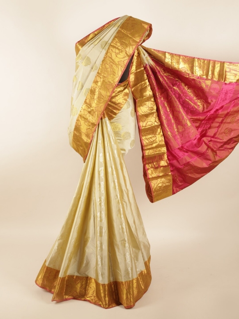 

Pothys Cream-Coloured & Pink Woven Design Zari Pure Silk Saree