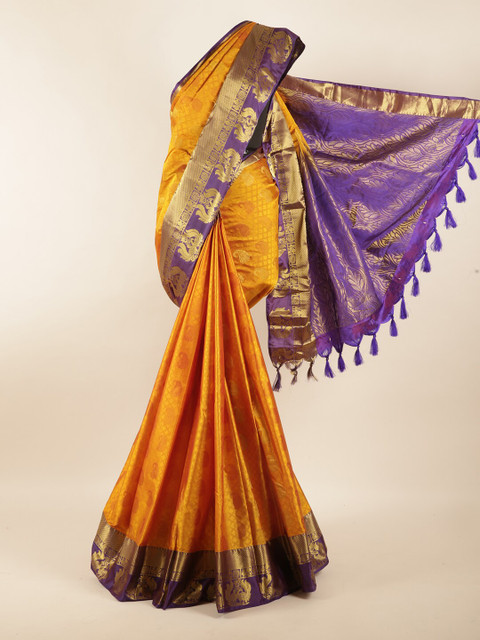

Pothys Mustard & Purple Woven Design Zari Pure Silk Saree
