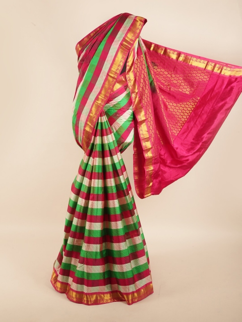 

Pothys Pink & Green Striped Zari Pure Silk Saree