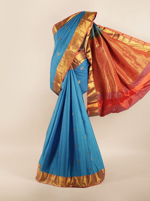 

Pothys Blue & Rust Woven Design Zari Pure Silk Saree