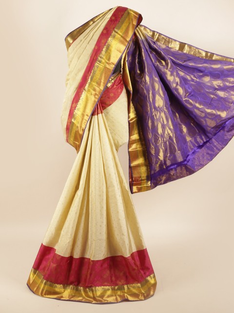 

Pothys Cream-Coloured & Blue Woven Design Zari Pure Silk Saree