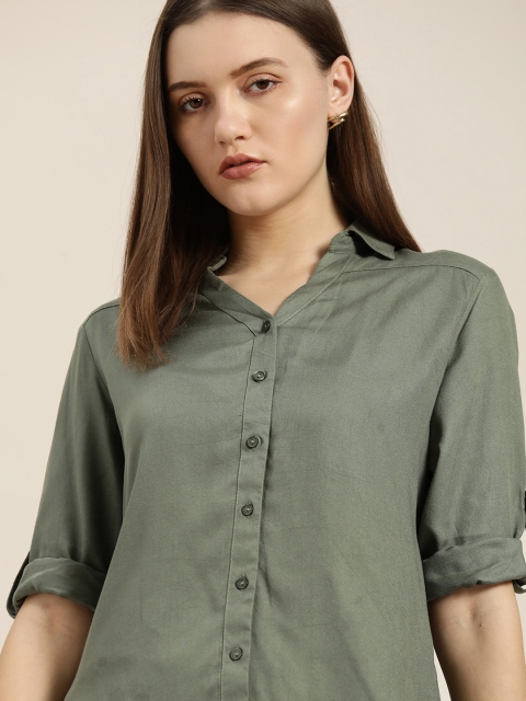 

her by invictus Women Olive Green Solid Casual Shirt
