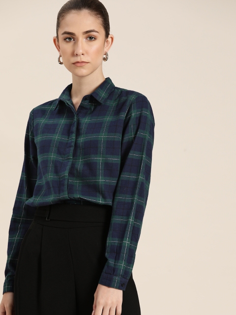 

her by invictus Women Navy Blue & Green Windowpane Checked Casual Shirt