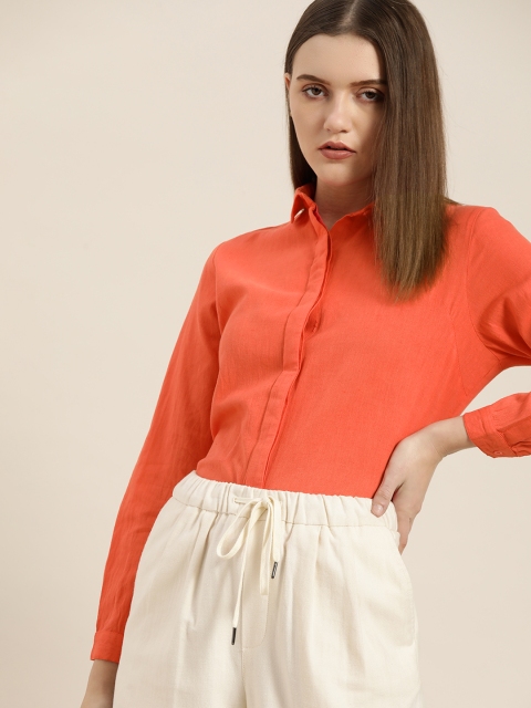 

her by invictus Women Coral Orange Solid Cotton Linen Casual Shirt