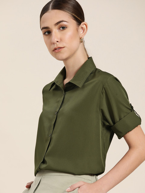 

her by invictus Women Olive Green Solid Casual Shirt