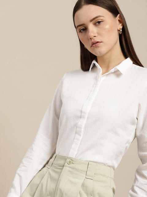 

her by invictus Women White Solid Cotton Linen Formal Shirt