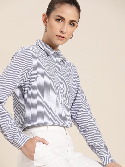 

her by invictus Women White & Navy Blue Striped Cotton Casual Shirt