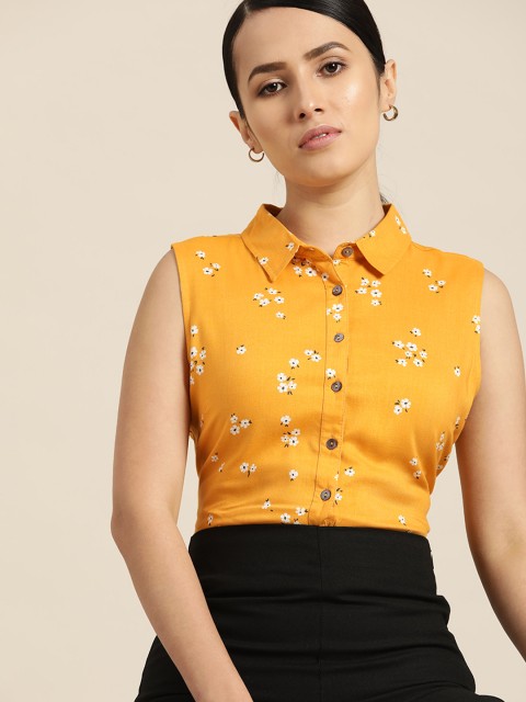 

her by invictus Women Mustard Yellow Floral Printed Casual Shirt