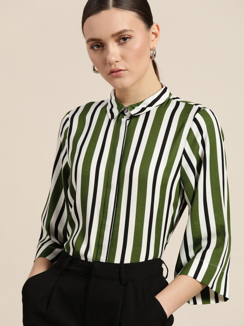 

her by invictus Women Green & White Striped Casual Shirt