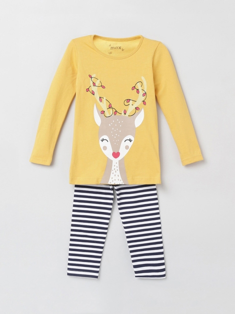 

max Girls Yellow & White Printed Night Suit