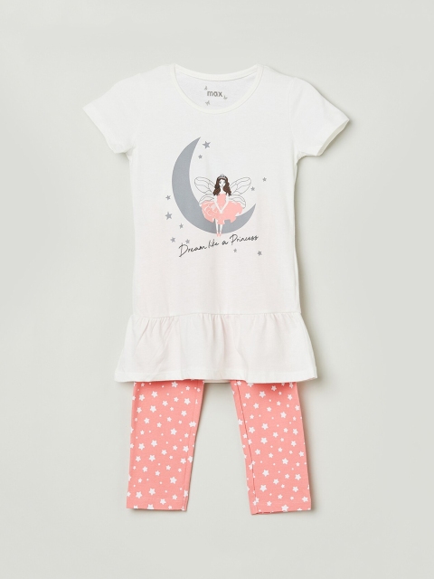 

max Girls White & Pink Printed Night Suit