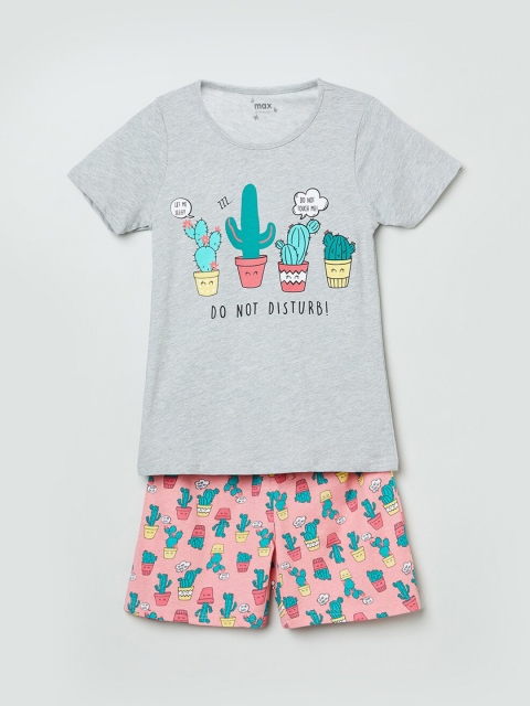 

max Girls Grey & Pink Printed Cotton Night suit