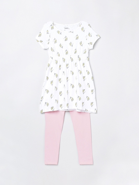 

max Girls White & Pink Printed Pure Cotton Night Suit