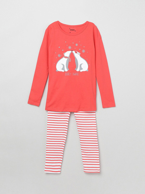 

max Girls Red & White Printed Pure Cotton Night Suit