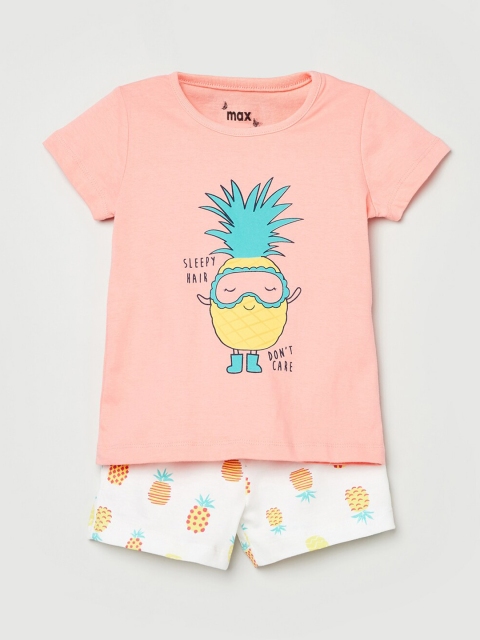 

max Girls Pink & Yellow Graphic Printed Pure Cotton Night Suit