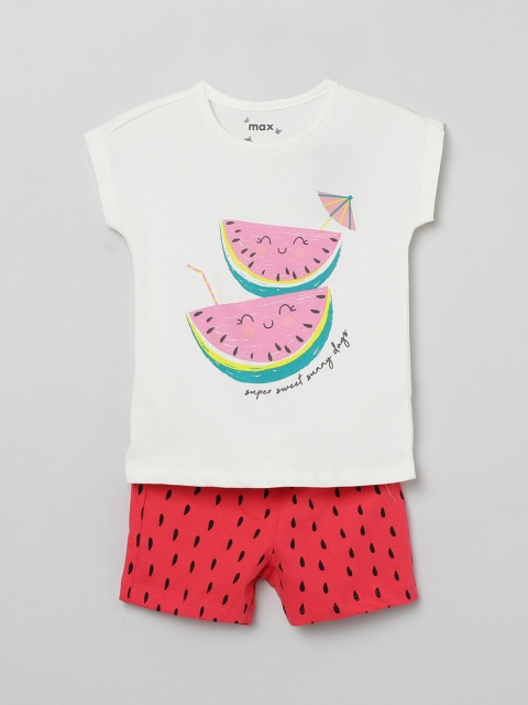 

max Girls White & Red Printed Night Suit