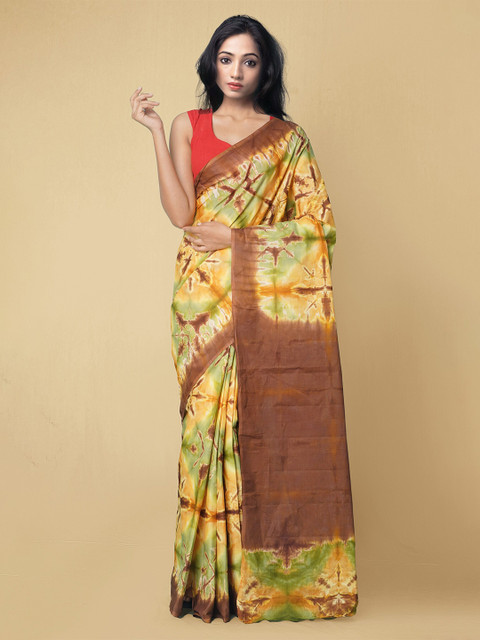 

Unnati Silks Women Brown & Green Pure Shibori Cotton Sustainable Saree