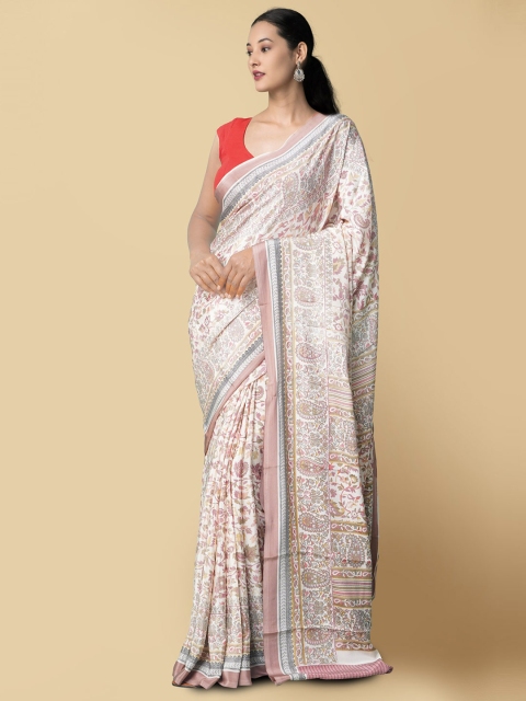 

Unnati Silks Cream-Coloured & Pink Floral Handloom Bandhani Saree